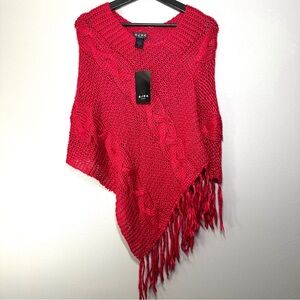 NWT BCBG Paris Red Cable-Knit Fringe Sweater Poncho One Size
